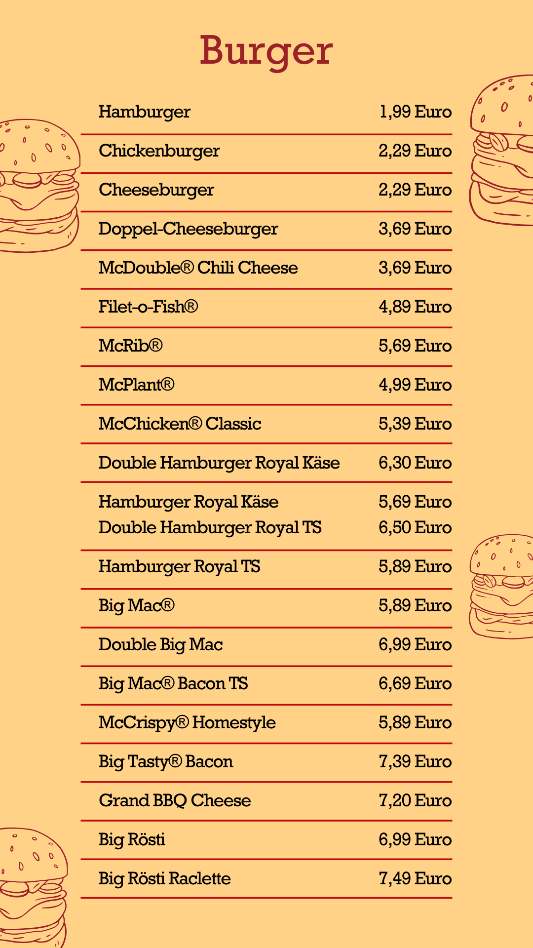 Burger McDonalds Preise